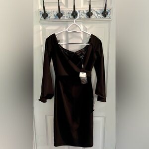 Elegant Black Bardot Midi Dress with Sultry Sleeves NWT